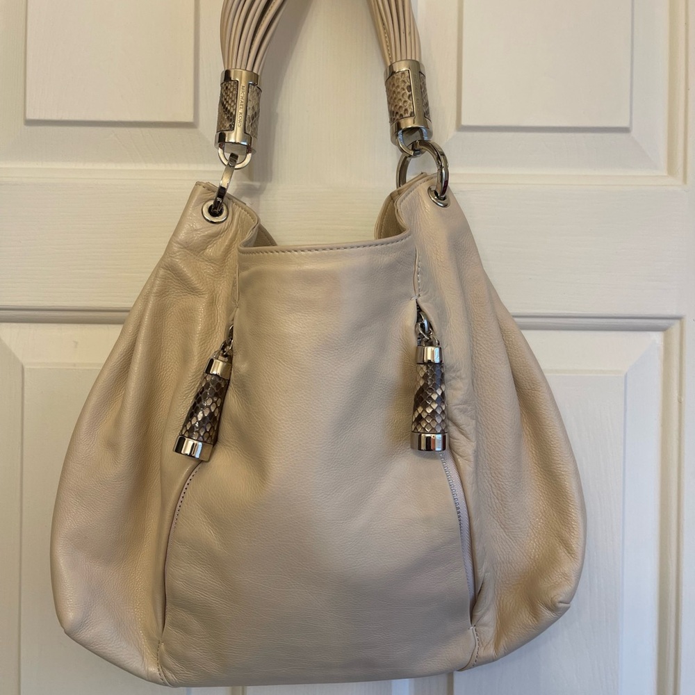 Michael Kors Cream Shoulder Soft Leather w/Leather Snakeskin Accents
